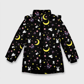 Зимняя куртка для девочек 3D с принтом Sailor Moon Pattern в Екатеринбурге, ткань верха — 100% полиэстер; подклад — 100% полиэстер, утеплитель — 100% полиэстер. | длина ниже бедра, удлиненная спинка, воротник стойка и отстегивающийся капюшон. Есть боковые карманы с листочкой на кнопках, утяжки по низу изделия и внутренний карман на молнии. 

Предусмотрены светоотражающий принт на спинке, радужный светоотражающий элемент на пуллере молнии и на резинке для утяжки. | аниме | детский | зайчик | зая | звезды | кролик | луна в матроске | матросска | месяц | милота | милый | небо | паттерн | сейлор мун | черный