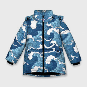 Зимняя куртка для девочек 3D с принтом Морские волны в Екатеринбурге, ткань верха — 100% полиэстер; подклад — 100% полиэстер, утеплитель — 100% полиэстер. | длина ниже бедра, удлиненная спинка, воротник стойка и отстегивающийся капюшон. Есть боковые карманы с листочкой на кнопках, утяжки по низу изделия и внутренний карман на молнии. 

Предусмотрены светоотражающий принт на спинке, радужный светоотражающий элемент на пуллере молнии и на резинке для утяжки. | background | blue | drawing | element | fashion | foam | graphics | illustration | ocean | picture | sea | storm | style | water | waves | wind | ветер | вода | волны | графика | иллюстрация | картинка | мода | море | морские | океан | пена | ри