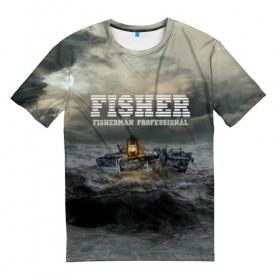 Мужская футболка 3D с принтом Профессиональный рыбак в Екатеринбурге, 100% полиэфир | прямой крой, круглый вырез горловины, длина до линии бедер | fish | fisher | fisherman | fishman | анорак | костюм для рыбалки | костюм рыбака | лодка | непогода | подарок рыбаку | профессиональный рыбак | рыба | рыбаку | рыбалка | рыбацкая | шторм | шхуна