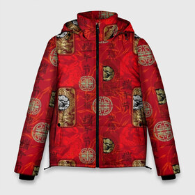 Мужская зимняя куртка 3D с принтом Китайский орнамент в Екатеринбурге, верх — 100% полиэстер; подкладка — 100% полиэстер; утеплитель — 100% полиэстер | длина ниже бедра, свободный силуэт Оверсайз. Есть воротник-стойка, отстегивающийся капюшон и ветрозащитная планка. 

Боковые карманы с листочкой на кнопках и внутренний карман на молнии. | Тематика изображения на принте: background | bamboo | bra | dragons | drawing | fashion | gold | illustration | pattern | picture | red | style | text | бамбук | блеск | блики | ветки | графика | драконы | золото | иероглифы | иллюстрация | картинка | китайский | красный | марки | мода 