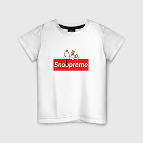 Детская футболка хлопок с принтом Snoopreme в Екатеринбурге, 100% хлопок | круглый вырез горловины, полуприлегающий силуэт, длина до линии бедер | snoopy | supreme | бигль | комиксы | мода | мульт | надпись | пес | птенец | птица | снупи | собака | суприм | тренд | щенок