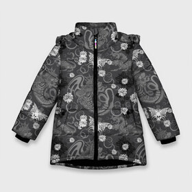 Зимняя куртка для девочек 3D с принтом Морские чудовища в Екатеринбурге, ткань верха — 100% полиэстер; подклад — 100% полиэстер, утеплитель — 100% полиэстер. | длина ниже бедра, удлиненная спинка, воротник стойка и отстегивающийся капюшон. Есть боковые карманы с листочкой на кнопках, утяжки по низу изделия и внутренний карман на молнии. 

Предусмотрены светоотражающий принт на спинке, радужный светоотражающий элемент на пуллере молнии и на резинке для утяжки. | Тематика изображения на принте: background | butterflies | dragons | fashion | fish | flowers | illustrat | monsters | pattern | sea | skull | style | water | бабочки | вода | глубина | графика | драконы | иллюстрация | картинка | мода | монстры | морские | орнамент | осьминоги | пузыри