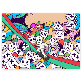 Поздравительная открытка с принтом Marshmello World в Екатеринбурге, 100% бумага | плотность бумаги 280 г/м2, матовая, на обратной стороне линовка и место для марки
 | christopher | comstock | dj | dotcom | friends | marshmallow | marshmello | usa | диджей | друзья | комсток | крис | маршмэллоу | продюсер | сша