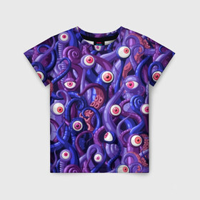 Детская футболка 3D с принтом Щупальца с глазами в Екатеринбурге, 100% гипоаллергенный полиэфир | прямой крой, круглый вырез горловины, длина до линии бедер, чуть спущенное плечо, ткань немного тянется | aliens | backgro | blue | cartoons | children | eyes | fashion | funny | monsters | purple | scary | style | весёлые | глаза | графика | детский | иллюстрация | инопланетяне | картинка | красные | мода | орнамент | персонажи | пришельцы | рисунок