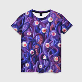 Женская футболка 3D с принтом Щупальца с глазами в Екатеринбурге, 100% полиэфир ( синтетическое хлопкоподобное полотно) | прямой крой, круглый вырез горловины, длина до линии бедер | Тематика изображения на принте: aliens | backgro | blue | cartoons | children | eyes | fashion | funny | monsters | purple | scary | style | весёлые | глаза | графика | детский | иллюстрация | инопланетяне | картинка | красные | мода | орнамент | персонажи | пришельцы | рисунок