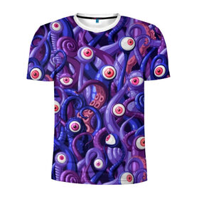 Мужская футболка 3D спортивная с принтом Щупальца с глазами в Екатеринбурге, 100% полиэстер с улучшенными характеристиками | приталенный силуэт, круглая горловина, широкие плечи, сужается к линии бедра | aliens | backgro | blue | cartoons | children | eyes | fashion | funny | monsters | purple | scary | style | весёлые | глаза | графика | детский | иллюстрация | инопланетяне | картинка | красные | мода | орнамент | персонажи | пришельцы | рисунок