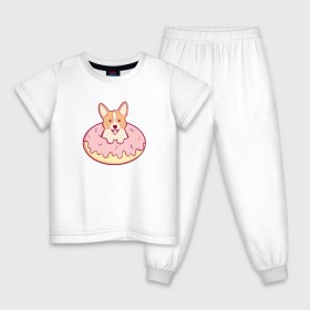 Детская пижама хлопок с принтом Корги Пончик в Екатеринбурге, 100% хлопок |  брюки и футболка прямого кроя, без карманов, на брюках мягкая резинка на поясе и по низу штанин
 | dog | donut | kawaii | вкусняшка | выпечка | еда | лапочка | милый | мимими | пес | песик | сладкий | собака | щенок