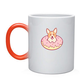 Кружка хамелеон с принтом Корги Пончик в Екатеринбурге, керамика | меняет цвет при нагревании, емкость 330 мл | Тематика изображения на принте: dog | donut | kawaii | вкусняшка | выпечка | еда | лапочка | милый | мимими | пес | песик | сладкий | собака | щенок