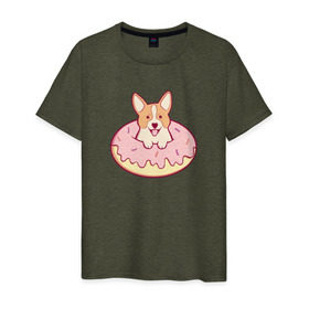 Мужская футболка хлопок с принтом Корги Пончик в Екатеринбурге, 100% хлопок | прямой крой, круглый вырез горловины, длина до линии бедер, слегка спущенное плечо. | dog | donut | kawaii | вкусняшка | выпечка | еда | лапочка | милый | мимими | пес | песик | сладкий | собака | щенок
