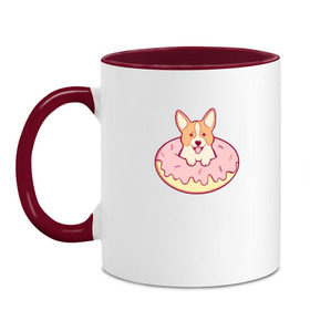 Кружка двухцветная с принтом Корги Пончик в Екатеринбурге, керамика | объем — 330 мл, диаметр — 80 мм. Цветная ручка и кайма сверху, в некоторых цветах — вся внутренняя часть | dog | donut | kawaii | вкусняшка | выпечка | еда | лапочка | милый | мимими | пес | песик | сладкий | собака | щенок