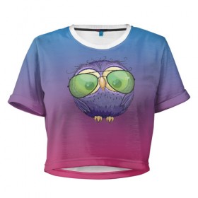 Женская футболка 3D укороченная с принтом фиолетовая сова в Екатеринбурге, 100% полиэстер | круглая горловина, длина футболки до линии талии, рукава с отворотами | 
