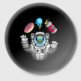 Значок с принтом Гомер в космосе в Екатеринбурге,  металл | круглая форма, металлическая застежка в виде булавки | bart | homer | lisa | simpsons | space | барт | гомер | космос | пончик | симпсоны
