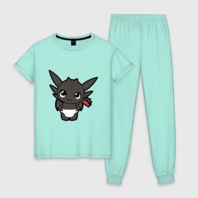 Женская пижама хлопок с принтом Маленький Дракон в Екатеринбурге, 100% хлопок | брюки и футболка прямого кроя, без карманов, на брюках мягкая резинка на поясе и по низу штанин | 