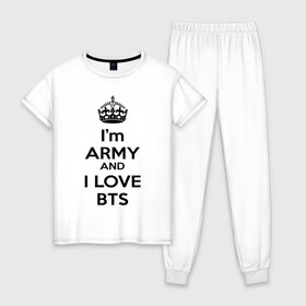 Женская пижама хлопок с принтом BTS & Keep Caalm в Екатеринбурге, 100% хлопок | брюки и футболка прямого кроя, без карманов, на брюках мягкая резинка на поясе и по низу штанин | Тематика изображения на принте: army | bad | boy | bts | btsarmy | calm | exo | jhope | jimin | jin | jungkook | k pop | keep | keep calm | kpop | mon | monster | rap | suga | wings | бтс | кип калм | кпоп | поп