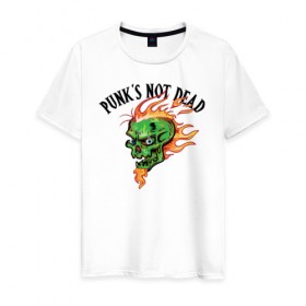 Мужская футболка хлопок с принтом Punk`s not dead в Екатеринбурге, 100% хлопок | прямой крой, круглый вырез горловины, длина до линии бедер, слегка спущенное плечо. | beard | cool | creative | death | design | eyes | fire | flame | green | hype | music | punk | skull | vanguard | авангард | борода | глаза | дизайн | зеленый | креатив | круто | музыка | огонь | панк | пламя | хайп | череп