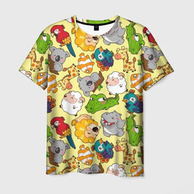 Мужская футболка 3D с принтом Зоопарк в Екатеринбурге, 100% полиэфир | прямой крой, круглый вырез горловины, длина до линии бедер | девочке | детская | детям | дочке | животные | жираф | зоопарк | коала | крокодил | лев | мальчику | попугай | разноцветная | ребенку | рыбка