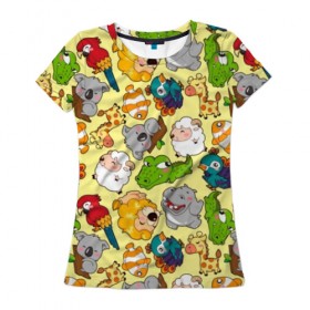 Женская футболка 3D с принтом Зоопарк в Екатеринбурге, 100% полиэфир ( синтетическое хлопкоподобное полотно) | прямой крой, круглый вырез горловины, длина до линии бедер | девочке | детская | детям | дочке | животные | жираф | зоопарк | коала | крокодил | лев | мальчику | попугай | разноцветная | ребенку | рыбка