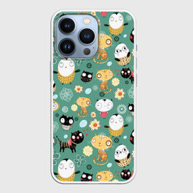 Чехол для iPhone 13 Pro с принтом Совы и котики в Екатеринбурге,  |  | детский | животные | кот | котенок | котики | кошки | малыши | милые | пингвин | ромашки | совенок | совы | узоры | цветочки