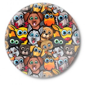 Значок с принтом Веселые собаки в Екатеринбурге,  металл | круглая форма, металлическая застежка в виде булавки | бульдог | голубые глаза | доберман | животные | жирафы | котики | милые | олени | разноцветные | собаки | хаски | яркие