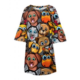 Детское платье 3D с принтом Веселые собаки в Екатеринбурге, 100% полиэстер | прямой силуэт, чуть расширенный к низу. Круглая горловина, на рукавах — воланы | бульдог | голубые глаза | доберман | животные | жирафы | котики | милые | олени | разноцветные | собаки | хаски | яркие