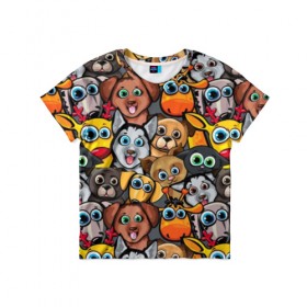 Детская футболка 3D с принтом Веселые собаки в Екатеринбурге, 100% гипоаллергенный полиэфир | прямой крой, круглый вырез горловины, длина до линии бедер, чуть спущенное плечо, ткань немного тянется | Тематика изображения на принте: бульдог | голубые глаза | доберман | животные | жирафы | котики | милые | олени | разноцветные | собаки | хаски | яркие
