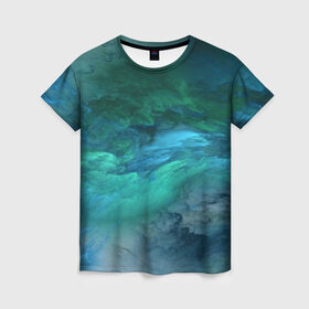 Женская футболка 3D с принтом Изумрудные Облака в Екатеринбурге, 100% полиэфир ( синтетическое хлопкоподобное полотно) | прямой крой, круглый вырез горловины, длина до линии бедер | abstraction | абстракция | голубые | живопись | искусство | космос | краска | краски | облако | пар | природа | смешение красок | созвездие | стихия | туман | туманность
