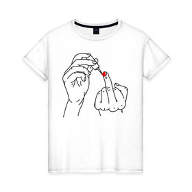 Женская футболка хлопок с принтом Девушка красит ногти в Екатеринбурге, 100% хлопок | прямой крой, круглый вырез горловины, длина до линии бедер, слегка спущенное плечо | жест | контур | лак | линии | маникюр | ноготь | отвали | палец | рука