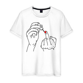 Мужская футболка хлопок с принтом Девушка красит ногти в Екатеринбурге, 100% хлопок | прямой крой, круглый вырез горловины, длина до линии бедер, слегка спущенное плечо. | жест | контур | лак | линии | маникюр | ноготь | отвали | палец | рука