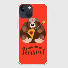 Чехол для iPhone 13 mini с принтом Welcome to Russia в Екатеринбурге,  |  | animal | balalaika | bear | great | hat | musical | play | power | predator | russia | russian | star | welcome | wild | балалайка | валенки | великая | д | дикий | добро | животное | звезда | играет | инструмент | медведь | музыкальный | надпись | пожало