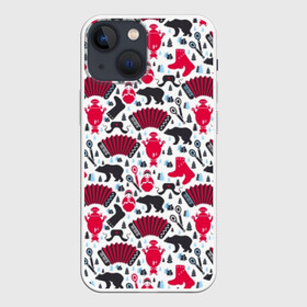 Чехол для iPhone 13 mini с принтом Русский орнамент в Екатеринбурге,  |  | animal | bear | hat | instrument | matryoshka | musical | ornament | pattern | russia | russian | star | symbol | trees | wild | wooden | гармонь | деревья | деревя | дикий | ёлки | животное | звезда | инструмент | матрешка | медведь | музыкальный | орнам