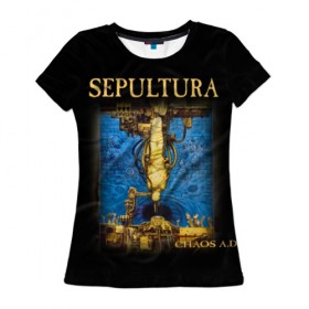 Женская футболка 3D с принтом Sepultura в Екатеринбурге, 100% полиэфир ( синтетическое хлопкоподобное полотно) | прямой крой, круглый вырез горловины, длина до линии бедер | sepultura | грув метал | группы | дэт метал | метал | музыка | рок | трэш метал