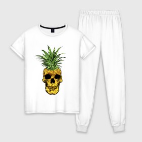 Женская пижама хлопок с принтом Ананас в Екатеринбурге, 100% хлопок | брюки и футболка прямого кроя, без карманов, на брюках мягкая резинка на поясе и по низу штанин | cool | creative | design | fruit | green | hype | new york | pineapple | skull | summer | supreme | vanguard | vegan | авангард | ананас | дизайн | зеленый | креатив | круто | лето | фрукт | хайп | череп