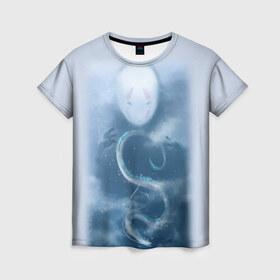 Женская футболка 3D с принтом Унесённые призраками в Екатеринбурге, 100% полиэфир ( синтетическое хлопкоподобное полотно) | прямой крой, круглый вырез горловины, длина до линии бедер | Тематика изображения на принте: аниме | безликий | сэн и таинственное исчезновение тихиро | унесённые призраками | хаку | хаяо миядзаки