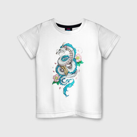 Детская футболка хлопок с принтом Дракон Хаку в цветах в Екатеринбурге, 100% хлопок | круглый вырез горловины, полуприлегающий силуэт, длина до линии бедер | аниме | безликий | сэн и таинственное исчезновение тихиро | унесённые призраками | хаку | хаяо миядзаки