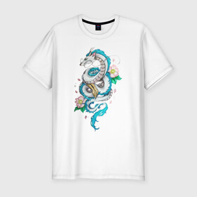 Мужская футболка хлопок Slim с принтом Дракон Хаку в цветах в Екатеринбурге, 92% хлопок, 8% лайкра | приталенный силуэт, круглый вырез ворота, длина до линии бедра, короткий рукав | аниме | безликий | сэн и таинственное исчезновение тихиро | унесённые призраками | хаку | хаяо миядзаки