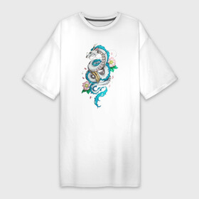 Платье-футболка хлопок с принтом Дракон Хаку в цветах в Екатеринбурге,  |  | аниме | безликий | сэн и таинственное исчезновение тихиро | унесённые призраками | хаку | хаяо миядзаки