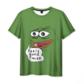 Мужская футболка 3D с принтом Feels Good Man в Екатеринбурге, 100% полиэфир | прямой крой, круглый вырез горловины, длина до линии бедер | pepe | pepe frog | зеленая лягушка | лягушка | пепе