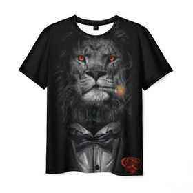 Мужская футболка 3D с принтом Лев в смокинге в Екатеринбурге, 100% полиэфир | прямой крой, круглый вырез горловины, длина до линии бедер | бабочка | грива | грозный | лев | роза | серьезный | хищник | царь | церь зверей