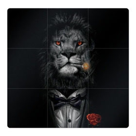 Магнитный плакат 3Х3 с принтом Лев в смокинге в Екатеринбурге, Полимерный материал с магнитным слоем | 9 деталей размером 9*9 см | бабочка | грива | грозный | лев | роза | серьезный | хищник | царь | церь зверей