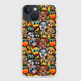 Чехол для iPhone 13 mini с принтом Веселые собачки в Екатеринбурге,  |  | бульдог | голубые глаза | доберман | животные | жирафы | котики | милые | олени | разноцветные | собаки | хаски | яркие