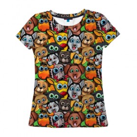 Женская футболка 3D с принтом Веселые собачки в Екатеринбурге, 100% полиэфир ( синтетическое хлопкоподобное полотно) | прямой крой, круглый вырез горловины, длина до линии бедер | бульдог | голубые глаза | доберман | животные | жирафы | котики | милые | олени | разноцветные | собаки | хаски | яркие