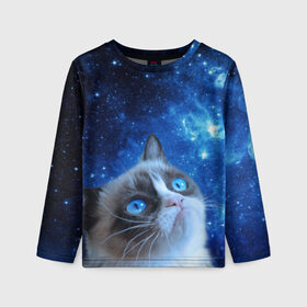 Детский лонгслив 3D с принтом Сердитый кот в космосе в Екатеринбурге, 100% полиэстер | длинные рукава, круглый вырез горловины, полуприлегающий силуэт
 | grumpy cat | космос | кот | кот в космосе | кот мем | кошка | кошка мем | мем кот | сердитый кот | синий кот