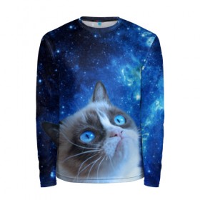 Мужской лонгслив 3D с принтом Сердитый кот в космосе в Екатеринбурге, 100% полиэстер | длинные рукава, круглый вырез горловины, полуприлегающий силуэт | grumpy cat | космос | кот | кот в космосе | кот мем | кошка | кошка мем | мем кот | сердитый кот | синий кот