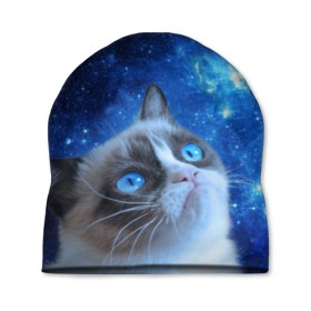 Шапка 3D с принтом Сердитый кот в космосе в Екатеринбурге, 100% полиэстер | универсальный размер, печать по всей поверхности изделия | grumpy cat | космос | кот | кот в космосе | кот мем | кошка | кошка мем | мем кот | сердитый кот | синий кот