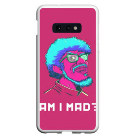 Чехол для Samsung S10E с принтом Am I MAD? в Екатеринбурге, Силикон | Область печати: задняя сторона чехла, без боковых панелей | game | games | hotline miami | mad | neon | rerto | retrowave | vhs | америка | безумие | игра | игры | неон | ретро | ретровейв | старое | хотлайн майами