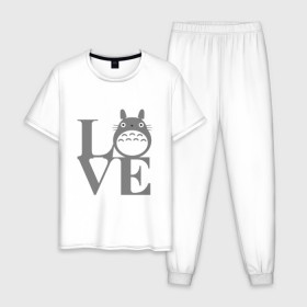 Мужская пижама хлопок с принтом Love Totoro в Екатеринбурге, 100% хлопок | брюки и футболка прямого кроя, без карманов, на брюках мягкая резинка на поясе и по низу штанин
 | forest | friend | ghibli | japan | keeper | miyazaki | nature | neigbor | neighbour | totoro | анимация | аниме | гибли | дерево | друг | животные | лес | люблю | любовь | милый | мир | миядзаки | мульт | мультфильм | приключения | природа