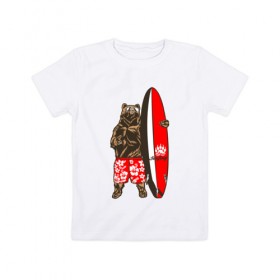 Детская футболка хлопок с принтом Медведь Серфер в Екатеринбурге, 100% хлопок | круглый вырез горловины, полуприлегающий силуэт, длина до линии бедер | bear | surf | surfing | летние | лето | медведи | медведь | серфер | серфинг