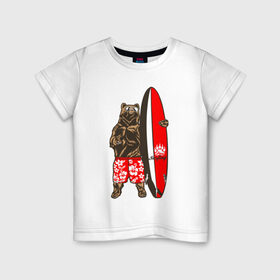 Детская футболка хлопок с принтом Медведь Серфер в Екатеринбурге, 100% хлопок | круглый вырез горловины, полуприлегающий силуэт, длина до линии бедер | Тематика изображения на принте: bear | surf | surfing | летние | лето | медведи | медведь | серфер | серфинг