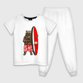 Детская пижама хлопок с принтом Медведь Серфер в Екатеринбурге, 100% хлопок |  брюки и футболка прямого кроя, без карманов, на брюках мягкая резинка на поясе и по низу штанин
 | Тематика изображения на принте: bear | surf | surfing | летние | лето | медведи | медведь | серфер | серфинг