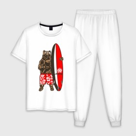 Мужская пижама хлопок с принтом Медведь Серфер в Екатеринбурге, 100% хлопок | брюки и футболка прямого кроя, без карманов, на брюках мягкая резинка на поясе и по низу штанин
 | Тематика изображения на принте: bear | surf | surfing | летние | лето | медведи | медведь | серфер | серфинг